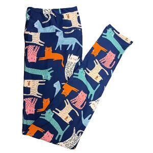 New TC LuLaRoe Colorful Cat Print Leggings On Navy Blue Background Size 12-18